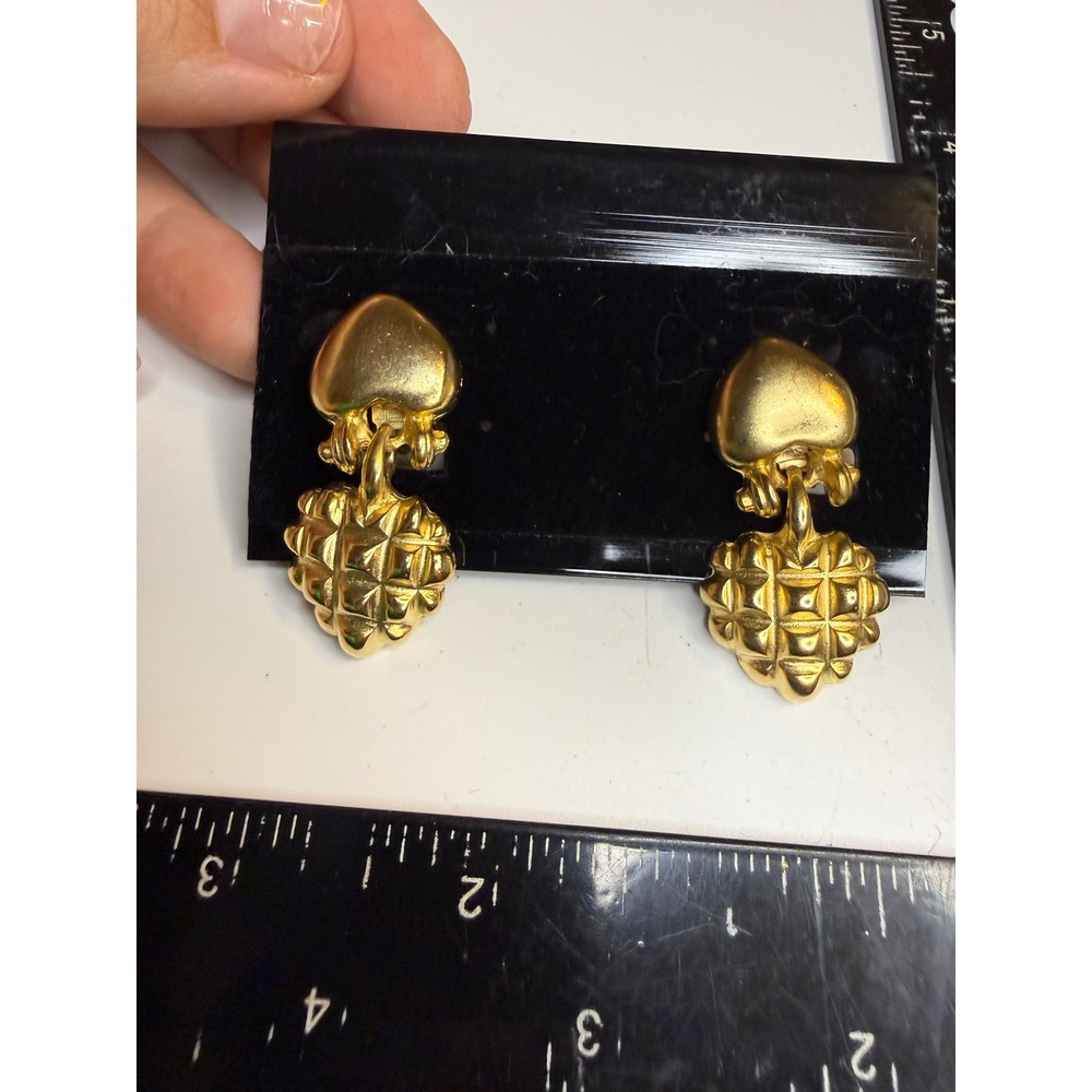 Gold Tone Quilted Heart Drop Clip On Earrings Chunky Statement Jewelry